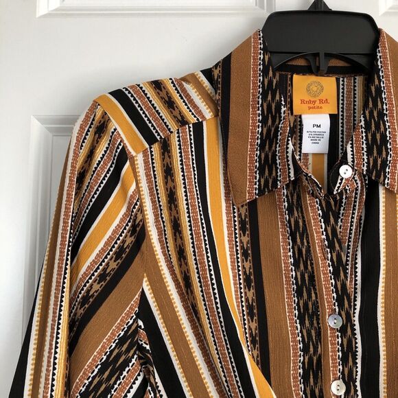 RUBY RD. WOMEN'S PETITE MEDIUM SPLIT BUTTON MIXED STRIPE TOP 3/4/LOG SLEEVES ROL - Picture 5 of 11